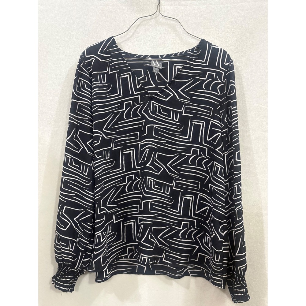 Worthington Womens Black White Geometric Abstract V-Neck Smocked Cuff Blouse L